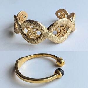 Rustic Cuff Logo Set/ 2 Hinged Open Bangle, Laser-Cut Twist Gold Tone Bracelet